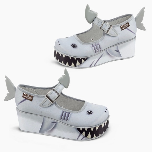 Unique Smiley Shark Fun Embellished Chunky Platform Closed Toe Mary Jane Wedges - Picture 5 of 9